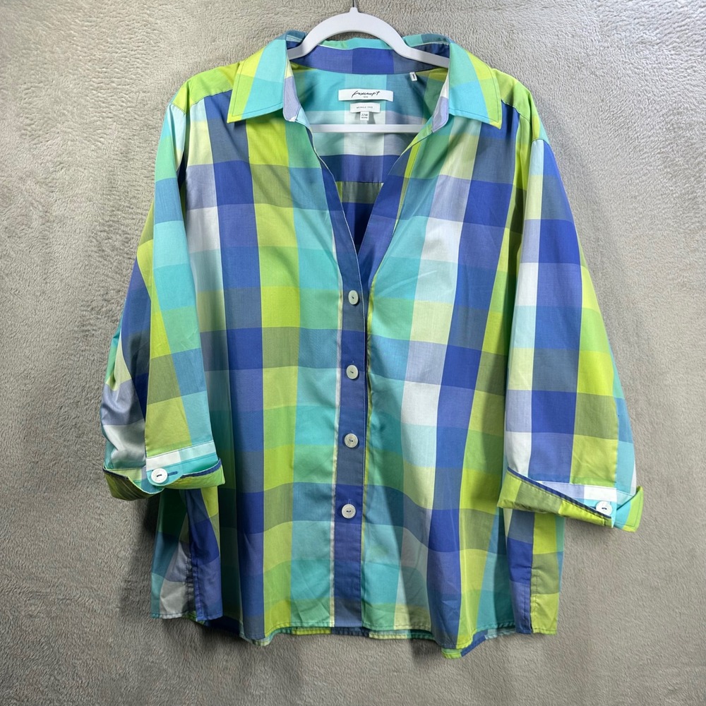 Foxcroft NYC Women's 22W Wrinkle Free Plaid Button Down Shirt 3/4 Sleeve